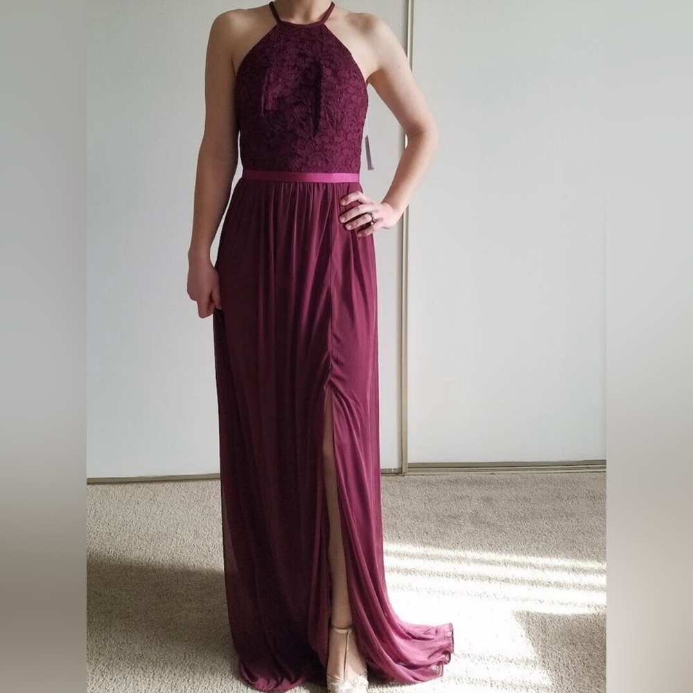 Davids Bridal Halter (Wine Burgundy Maroon) Lace Chiffon Long Bridesmaid Dress